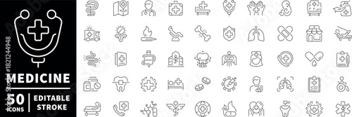 Medicine and healthcare icons set. editable line icons, outline, medical symbols