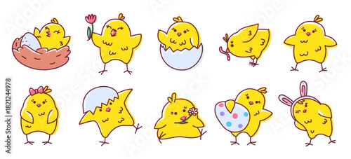 Cute Easter chick and baby chicken cartoon character. Funny yellow bird with egg and flower, rabbit mask for holiday and celebration. Happy Easter animals vector isolated set