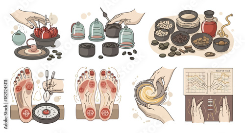 Holistic healthcare practices illustration Acupuncture, Reflexology, and Herbal Remedies