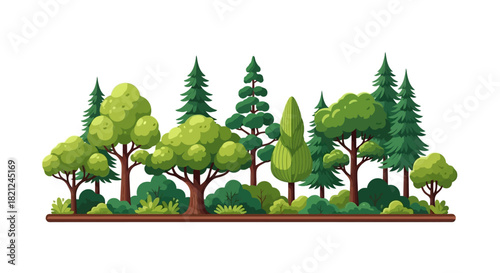 Vibrant cartoon illustration featuring a diverse collection of green trees and lush bushes, representing a healthy natural forest ecosystem in a stylized, modern vector art style