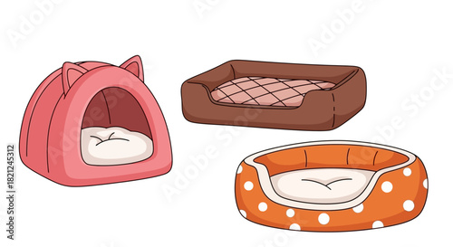 A charming collection of various comfortable pet beds designed for ultimate feline and canine relaxation and cozy sleeping, featuring different shapes, sizes, and styles on a clean white background