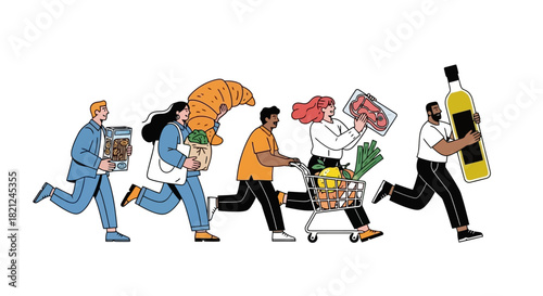 Running People with Groceries A Dash for Deals and Freshness