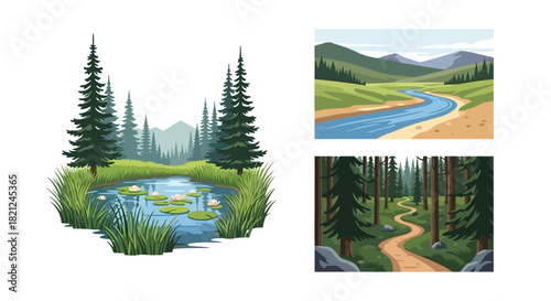 A collection of serene landscape illustrations featuring a tranquil forest pond, a winding river through a valley, and a scenic path in the woods