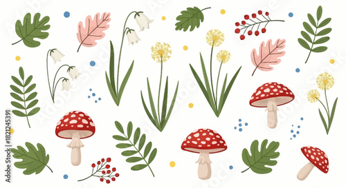 Whimsical Woodland Illustrations Enchanting Flowers, Red Mushrooms, and Delicate Leaves