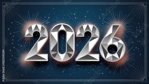 Geometric illustration of 2026 new year in silver design on dark blue background