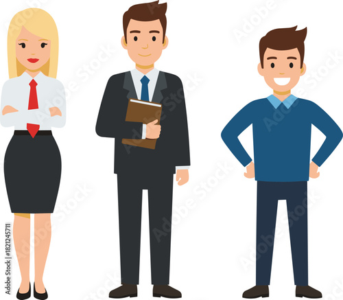 Professional business team standing together, diverse office workers characters illustration for corporate presentation, teamwork, leadership, and workplace communication concept