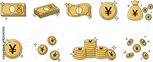 Japanese yen currency icon vector set, coin and banknote illustrations, financial symbols, money bag graphics, economic design elements, international finance artwork