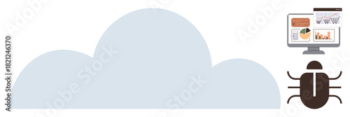 Cloud symbol linked to monitoring screen displaying analytics and graphs, bug icon highlighting data or system vulnerability. Ideal for security, IT, technology, cybercrime, analysis, cloud services
