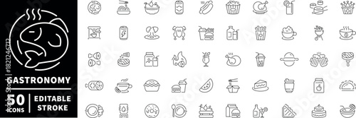 Gastronomy icons set. editable line icons, outline food and drink symbols