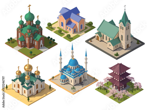 Catholic christian and muslim temple isometric vector design featuring chapels, churches, palaces, and mosques, isolated on white background, suitable for cultural landmarks, religious architecture, a