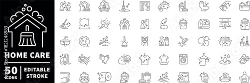 Home care icons set. editable line icons, outline, cleaning and hygiene symbols