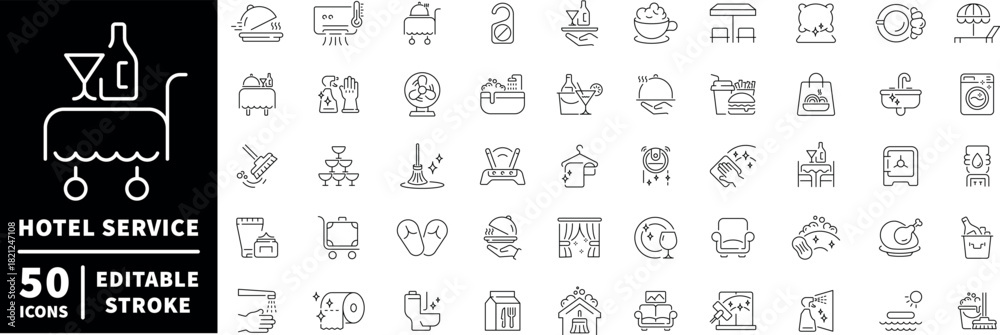 Fototapeta premium Hotel service icons set. editable line icons for amenities, hospitality, and travel