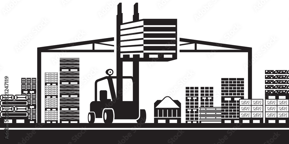 Obraz premium Forklift moves pallets in open warehouse - vector illustration