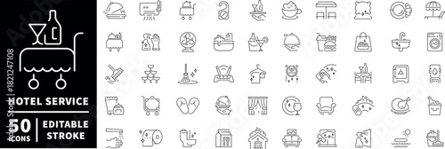 Hotel service icons set. editable line icons for amenities, hospitality, and travel