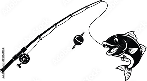 Happy Cartoon Fish Biting Fishing Lure and Hook Silhouette Vector Illustration, Fishing Rod Reel Bobber Sport Recreation Catch Concept, Outdoor Leisure Activity Design Background.