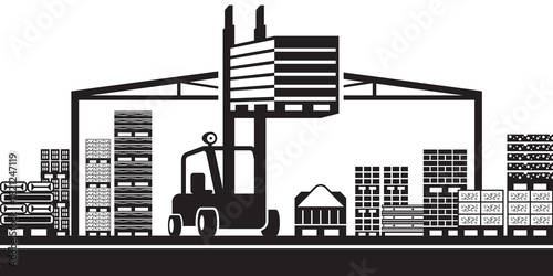 Forklift moves pallets in open warehouse - vector illustration