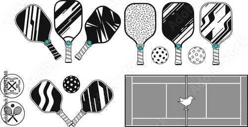 Pickleball vector icon set, paddle and ball illustrations, court layout graphics, sports equipment symbols, game elements, recreational design pack