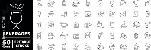 Beverage icons set. editable line icons, outline for drinks and refreshments