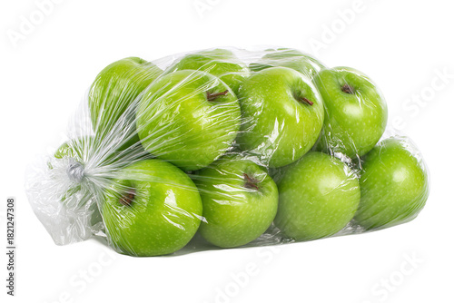 Fresh green apples tightly packed in transparent plastic bag on transparent background