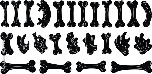 Stylized bone vector illustration set, black anatomical silhouettes, cartoon skeletal shapes, artistic bone graphics, medical design elements, educational anatomy icons