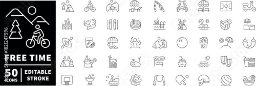 Free time icons set. editable line icons, linear leisure and activity symbols
