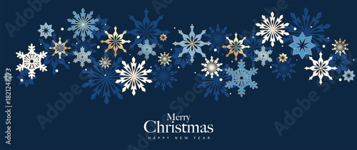 Christmas vector greeting card illustration with navy blue background, gold and blue snowflakes for Happy New Year — elegant winter design