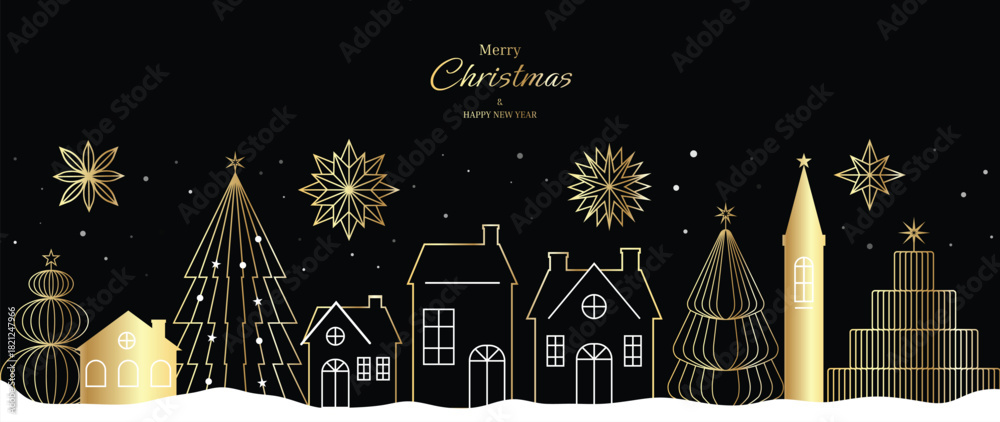 Fototapeta premium Christmas vector greeting card illustration with black background, gold houses, trees and starbursts for Happy New Year — elegant night design