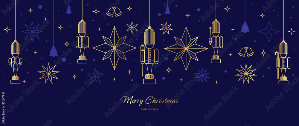 Obraz premium Christmas vector greeting card illustration with navy background, gold nutcracker, stars and ornaments for Happy New Year — festive design