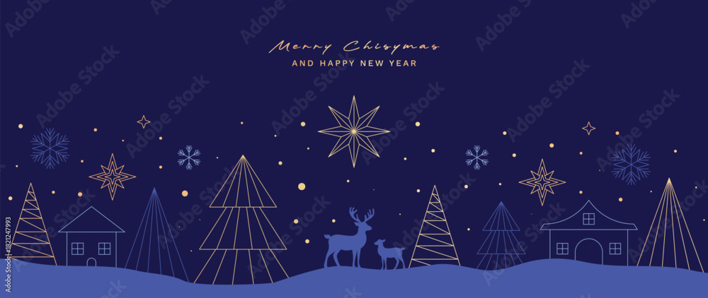 Naklejka premium Christmas vector greeting card illustration with deep blue background, gold and blue trees, reindeer and stars for Happy New Year — winter night design
