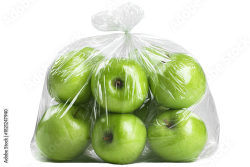Ripe green apples grouped together in clear plastic bag for storage on transparent background