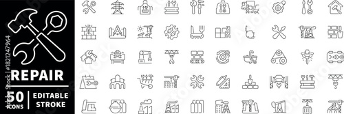 Repair tools icons set. editable line icons, outline, construction and fix symbols