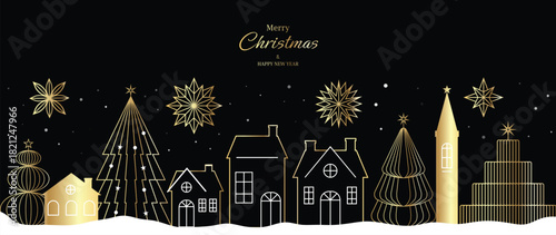 Christmas vector greeting card illustration with black background, gold houses, trees and starbursts for Happy New Year — elegant night design