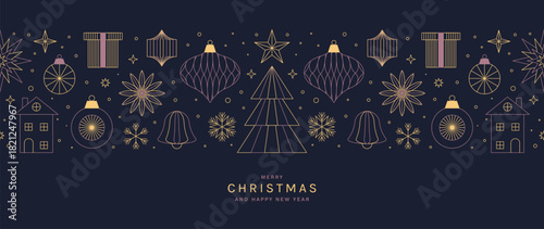 Christmas vector greeting card illustration with dark background, gold ornaments, gifts and stars for Happy New Year — elegant holiday design