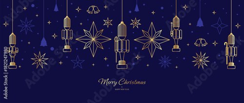 Christmas vector greeting card illustration with navy background, gold nutcracker, stars and ornaments for Happy New Year — festive design