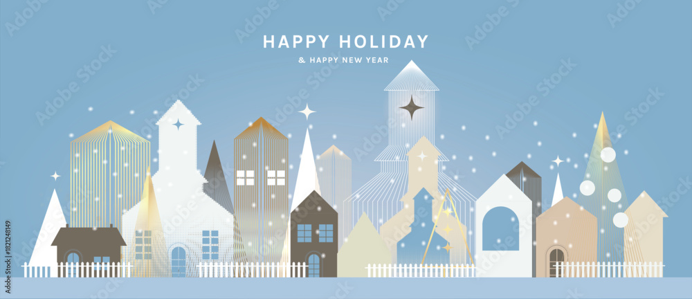 Naklejka premium Christmas vector greeting card illustration with light blue background, winter village, snow and stars for Happy New Year — soft holiday design