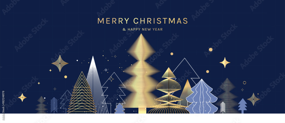 Obraz premium Christmas vector greeting card illustration with navy background, gold and silver trees and stars for Happy New Year — elegant winter design