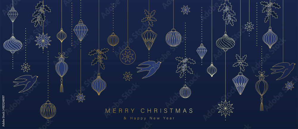 Obraz premium Christmas vector greeting card illustration with navy background, gold ornaments, birds and snowflakes for Happy New Year — elegant holiday design