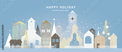 Christmas vector greeting card illustration with light blue background, winter village, snow and stars for Happy New Year — soft holiday design