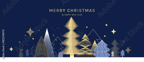 Christmas vector greeting card illustration with navy background, gold and silver trees and stars for Happy New Year — elegant winter design