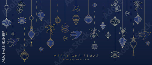 Christmas vector greeting card illustration with navy background, gold ornaments, birds and snowflakes for Happy New Year — elegant holiday design