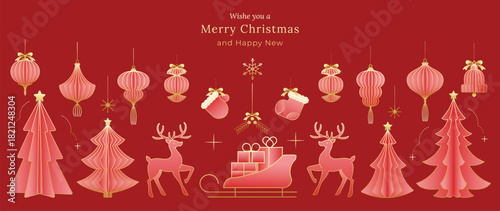 Christmas vector greeting card illustration with red background, gold trees, lanterns, reindeer and festive decorations for Happy New Year — elegant holiday design