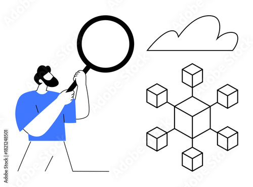 Man examining with magnifying glass, connected blocks forming blockchain network, and cloud illustration. Ideal for technology, data analysis, innovation, research, blockchain, cloud computing