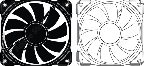 Computer case cooling fan vector set, black silhouette and outline icon, pc hardware cooler symbol, electronic ventilation equipment design, isolated on white.