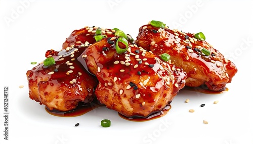 Four teriyaki chicken pieces, glazed, and garnished