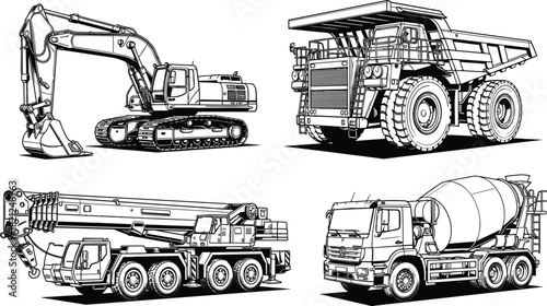 Construction machinery vector set, excavator, dump truck, mobile crane and cement mixer, black line art illustration, heavy equipment collection, industrial transport icons, isolated white background.