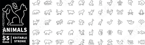 Animal icons set. editable line icons, outline style with wildlife and fauna symbols