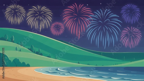 Fototapeta Naklejka Na Ścianę i Meble -  Night sea beach landscape fireworks illustration holiday celebration sky scenic
