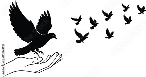 Human hand releasing flying dove bird silhouette, flock of birds in sky, vector illustration symbol of peace and freedom, black and white