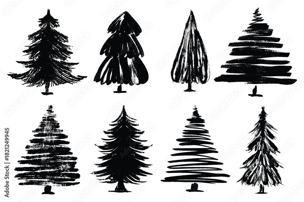 Fototapeta premium Black Christmas Trees Collection in Hand Drawn Style with Grunge Texture. Rough pine trees silhouettes with textured brush strokes and distressed ink lines perfect for winter holiday cards, wrapping