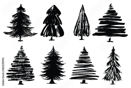 Black Christmas Trees Collection in Hand Drawn Style with Grunge Texture. Rough pine trees silhouettes with textured brush strokes and distressed ink lines perfect for winter holiday cards, wrapping